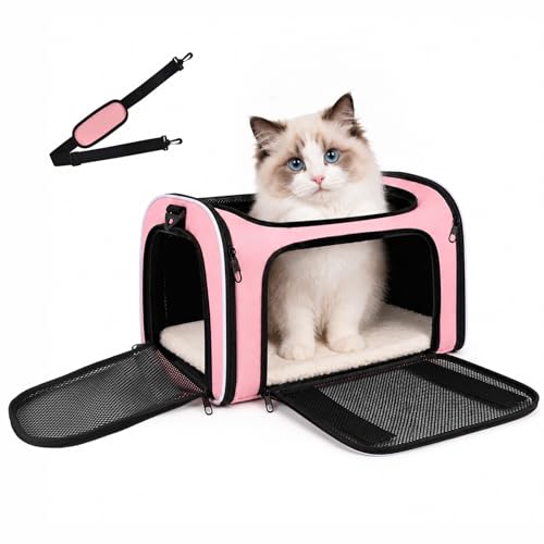 Cat Dog Carrier Soft for Small Medium Pet Up to 15 Lbs, Collapsible Portable Cat Travel Carrier, Airline Approved Small Dog Cat Carrier, Soft Sided Pet Carrier for Puppy Kitten (18x11x11) (Pink)