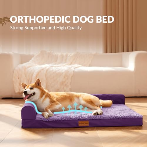 Patas Lague Orthopedic Dog Bed Large Sized Dog 36''X24'', Waterproof L Bolster Medium Pet Sofa Beds with Removable Washable Cover, Soft Pet Couch Crate Mat with Nonskid Bottom, Purple - color: Purple, size: 36"L x 24"W x 3.5"Th