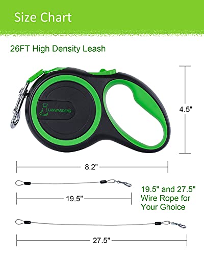 26FT Long Chew Proof Retractable Dog Leash with 2 Heavy Duty Anti-Chewing Wire Ropes, 360° Tangle-Free Dog Lead with Anti-Slip Handle for Small/Medium/Large Dogs Green - color: Green