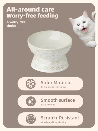 GDCZ Ceramic Tilted Elevated Cat Bowl, for Fat Faced Cat, Kitten (White) | 15° Tilted Elevated Design,5oz Small Meal Capacity,Chin-Friendly Ceramic,Paw Print - color: White