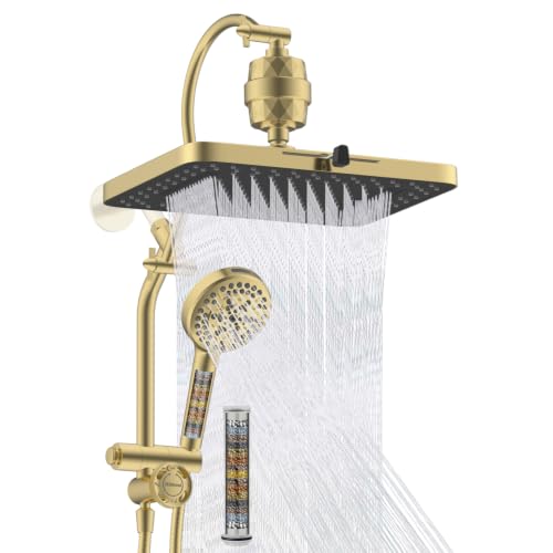 Hibbent cUPC Certified 13'' Shower Head Combo, High Pressure 5 Spray Rainfall Showerhead, 10 Spray Handheld, All Metal Easy Reach 4-way Diverter Arm with Pause Mode, 71'' Hose and Holder, Brushed Gold - color: Brushed Gold, style: Square 13" with filter