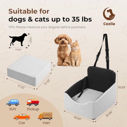 Dog Car Seat for Small/Medium Dogs Up to 35 lbs, 5in Booster Car Seat Cushion, Fully Detachable and Washable, with Safety Belt and Anti-Slip Base, Grey - color: Grey