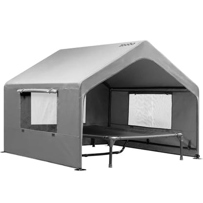 Zooba Extra Large Dog Shade with Elevated Bed, Outdoor Dog House for Large Breeds, 4’×4’×3.3’ Dog Shelter with Canopy, Dog Tent for Outside, 2-in-1 Separate Design, Grey