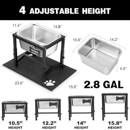 2.8 Gallon Elevated Large Dog Water Bowl, 4 Adjustable Height 10.5-15.8'' Raised Stainless Steel Bowl Stand with Anti-Slip Mat for Large Breed, Metal Dog Feeding Station for Relief Joint Pressure - size: 2.8 Gallon