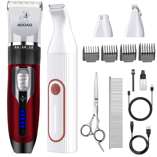 Dog Clippers Grooming Kit Hair Clipper -4 in 1Low Noise -Rechargeable-Cordless Quiet Paw Trimmer Nail Grinder, Trimmer Grooming for Thick Hair&Coats,Pet Shaver for Small and Large Dogs Cats - color: Red & White