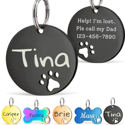 Anavia Paw Print Pet ID Tags, S/M/L Personalized Color Plated Stainless Steel Cat Dog Tags, Customized Engraved Glossy Dog Name Tag Pet Collar Tag (Black, Round-Small) - color: Black, size: Round-Small