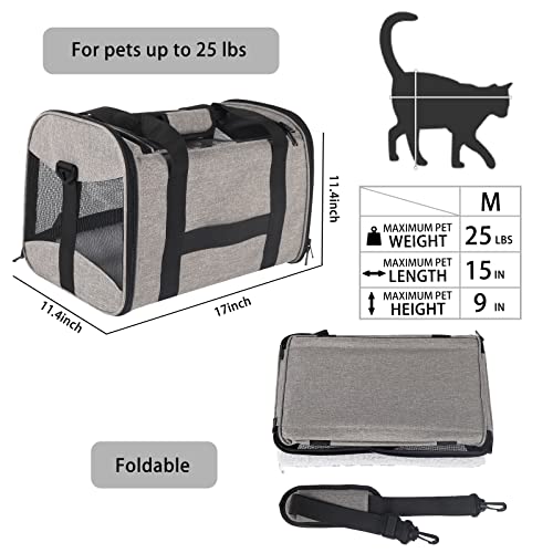 Cat Carrying Case - Pet Carrier Airline Approved, Protable and Breathable Pet Travel Carrier Removable Fleece Pad, Collapsible Cat Carrier Dog Carrier for Medium Cats Small Cats Dogs (Grey&Black M) - color: grey&black, size: 17.0"L x 11.0"W x 11.0"H