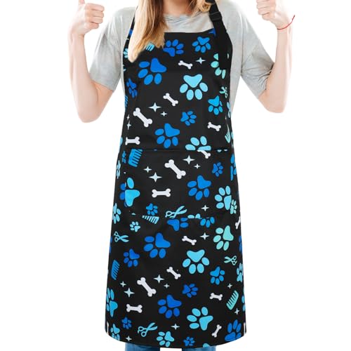 Dog Grooming Waterproof Apron with 2 Pockets, Cute Animals Puppy Dog Pets Apron - style: Blue Dog Paw