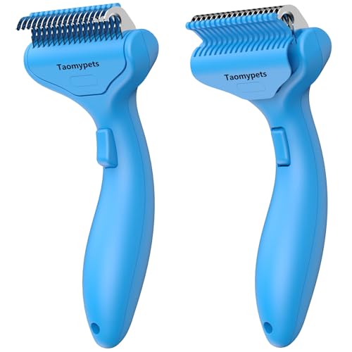 Self Cleaning Grooming Rake Brush for Shedding Gently Removes Loose Undercoat Mats Tangled Deshedding Grooming Tool for Dogs Cats Extra Wide (Blue) - color: Blue