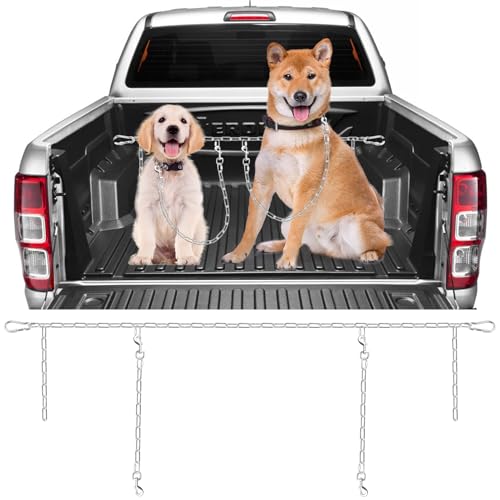 Chain Truck Bed Dog Tether for Two Dogs,Adjustable Double Safety Chew Proof Metal Truck Bed Dog Leash System for Pickup, SUV, Cars & Trucks (Silver) - color: Silver