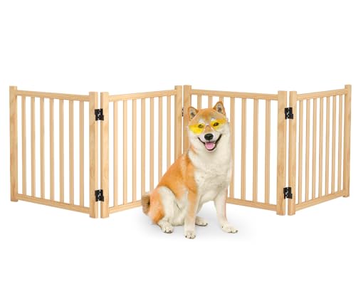 Freestanding Dog Gate Indoor, 23" H Wooden Foldable Dog Gates, No-Painted Portable Puppy Gate for Doorways Stairs- 4 Panels - size: 【4 Panels】H:23''