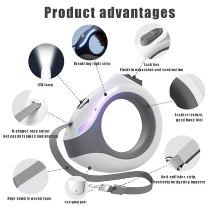 Retractable Dog Leash with Flashlight, Rechargeable 118in Round Handle with Lock, Ergonomic Breathing Light, for Small and Medium Dogs, Dog Leashes for Medium Dogs