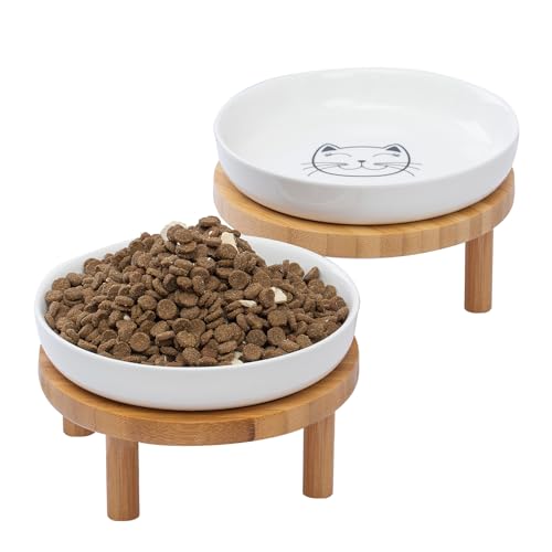 Lusifaco Shallow Elevated Cat Bowls,5.9 Inch Wide Raised Ceramic Cat Dishes with Bamboo Stand, Whisker Friendly Pet Water or Food Plates Feeding Station for Indoor Cats, Kitten(White,Set of 2) - color: White