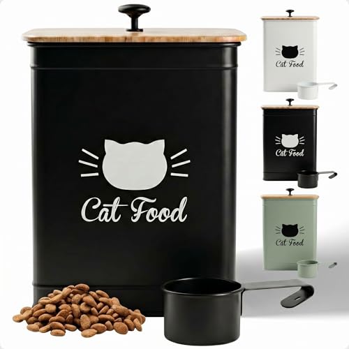 Cat Food Storage Container with Scoop - 5-7 lb (25 Cup) Capacity Metal Cat Food Container with Airtight Bamboo Lid and Metal Scoop - Airtight Pet Food Storage Containers 5 lb - 7 lb Kibble Container - color: Black