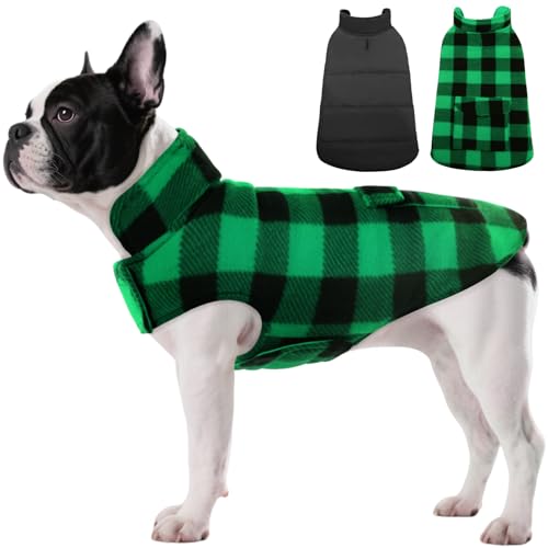 ASENKU Dog Winter Coat, Fleece Doggie Jacket Plaid Reversible Vest Waterproof Windproof Cold Weather Clothes for Small Medium Large Dogs (XS, Green) - color: Green, size: X-Small