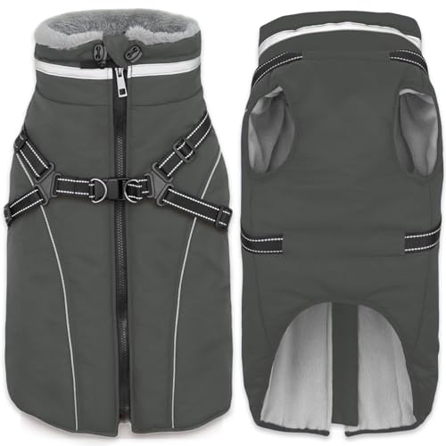 Fragralley Dog Coat with Harness Built in, Waterproof Windproof Reflective Warm Puffer Jacket, Fleece Lined Vest Winter Parka for Small, Medium, Large Dogs - color: Grey, size: X-Small