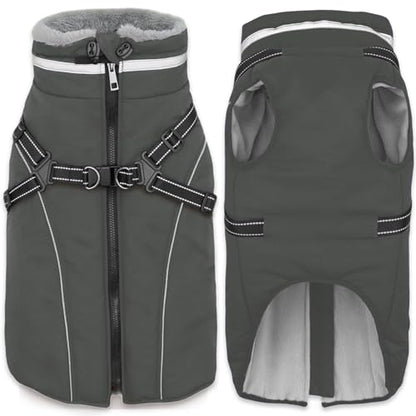 Fragralley Dog Coat with Harness Built in, Waterproof Windproof Reflective Warm Puffer Jacket, Fleece Lined Vest Winter Parka for Small, Medium, Large Dogs - color: Grey, size: Large