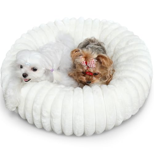 Donut Small Dog Bed Washable - Dog Beds for Small Dogs and Cats with Corduroy Fleece & Anti Slip Bottom, Calming Round Faux Fur Cute Pet Bed for Puppy Kitten, Cream, 23x23x5.5 inches - color: Cream, size: 23"L x 23"W x 5.5"Th
