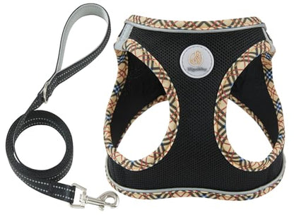 Hipubby Dog Harness Small Sized and Leash Set, No Pull Soft Mesh Puppy Vest, Reflective Breathable Lightweight Pet Harness, Harness for Small Medium Dogs and Cats - Black/Khaki Trim, L - color: Black/Khaki Trim, size: L (Chest: 18.8"-20.8")