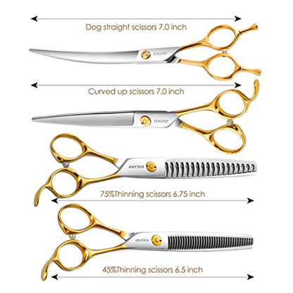 Dog Grooming Scissors Kit 4pcs 7 inch Professional Dog Grooming Shears Set Curved Thinning Straight Chunkers for Dogs Cat Pets (7 in Kit, Gold) - size: 7 inch, style: Kit