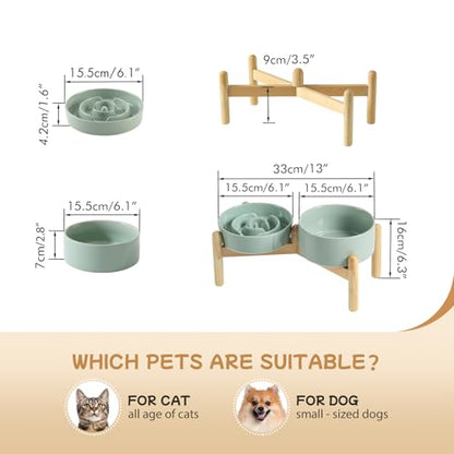 Havniva 6.1” Raised Slow Feeder Dog Bowls Set, 0.9 Cups Ceramic Slow Feeder Dog Bowl and 6.1” Dog Water Bowl with Elevated Wooden Stand Puzzle Dog Food Bowl for Small Dogs Anti-Gulping & Anti-Choking - color: 2 x Light Green+Stand-A, size: 6.1inch-New