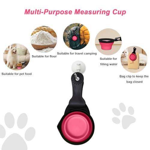 Collapsible Dog Food Scoop Foldable Pet Food Bag Clip 3 in 1 Multi-function Silicone Cat Food Measuring Cup Scoop Dog Food Scooper Pet Food Storage Clip (Rose Red, 1 Cup Capacity(1 Pack)) - color: Rose Red, size: 1 Cup Capacity(1 Pack)