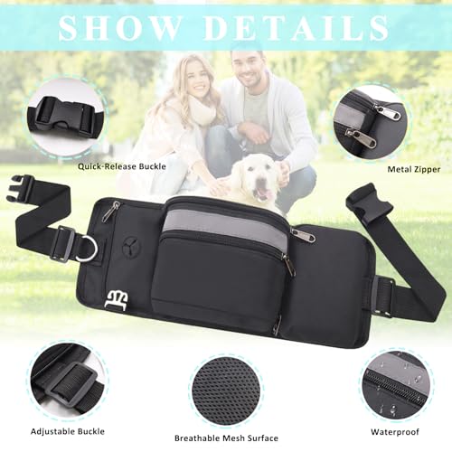 Dog Treat Pouch for Leash Waist Belt Bag, Premium Dog Treat Bag for Dogs Training Puppy Walking Fanny Pack with Divider Zipper Carrier Pocket, Water Bottle Holder, Silicone Insert,Clip,Black