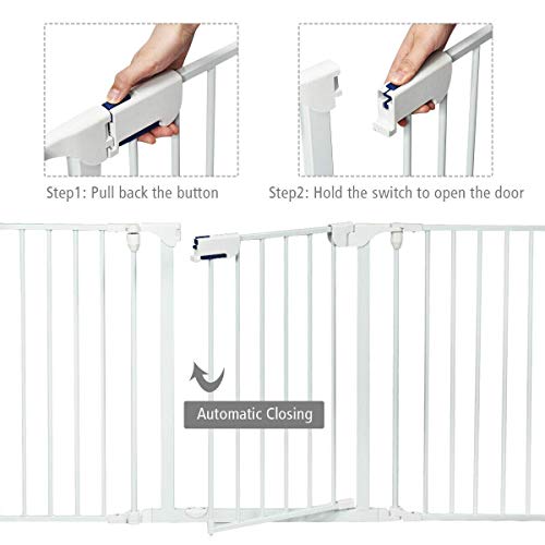 Costzon Baby Safety Gate, 121 Inch Length 5 Panel Adjustable Wide Fireplace Fence, BBQ Metal Fire Screen Gate, Pet Isolation Fence with Walk-Through Door, Freestanding Pets Gate - color: White, size: 5-Panel
