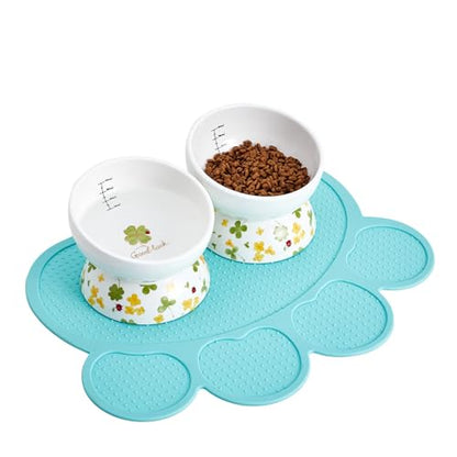 Ceramic Elevated Cat Food and Water Bowls - 2 Pack Small Dog Feeding Set With Tilted Design and Anti-Slip Silicone Mat - color: lucky color