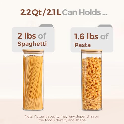 ComSaf Glass Spaghetti Pasta Storage Containers with Lids 2.2 Qt Set of 3, Tall Clear Airtight Food Storage Jar with Lid for Noodles Flour Oat Cereal Sugar Beans, Square Spaghetti Pantry Containers - size: 2.2Qt*3