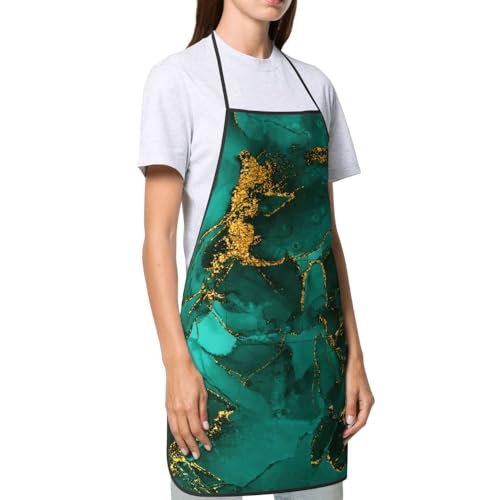 Women Men Bib Aprons Chef Cooking Apron With Pockets For Kitchen Grilling Bbq Painting Gardening - color: Green Marble
