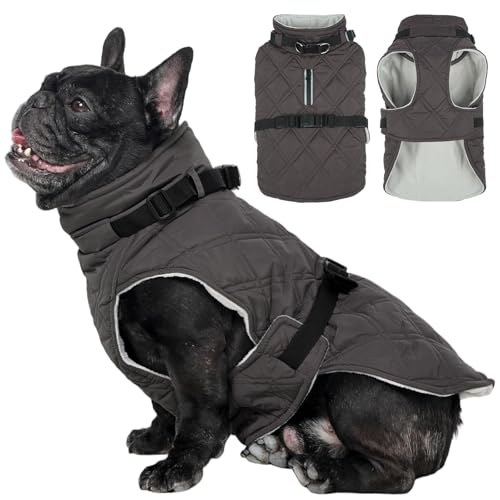 Kuoser Dog Coat Warm Fleece Lining Turtleneck Dog Jacket with Harness Built-in, Adjustable Windproof Cold Weather Coats with Quick Release Buckle Pet Winter Snowsuit for Small Dogs, Grey S - color: Grey, size: Small (Chest Girth: 17.3")