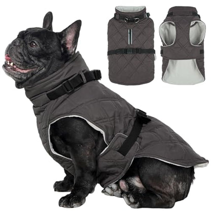 Kuoser Dog Coat Warm Fleece Lining Turtleneck Dog Jacket with Harness Built-in, Adjustable Windproof Cold Weather Coats with Quick Release Buckle Pet Winter Snowsuit for Small Dogs, Grey S - color: Grey, size: Small (Chest Girth: 17.3")