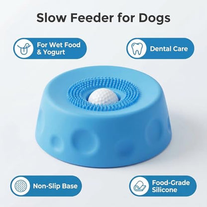 Slow Feeder Dog Bowl with Rolling Ball for Dogs Anti-Slip Lick Bowl for Liquid Treats, Bone Broth, Yogurt & Wet Food, Interactive Pet Feeding Toy and Enrichment Ball-Roll for Small to Large Breeds
