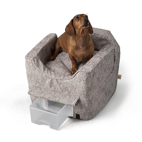 Snoozer Dog Car Seat with Storage Tray: Lookout II Dog Booster Car Seat for Pets up to 18lbs, Helps Alleviate Travel Sickness & Fear for Dogs, Removable Washable Cover – Merlin Linen, Size Small - color: Merlin Linen, size: Small