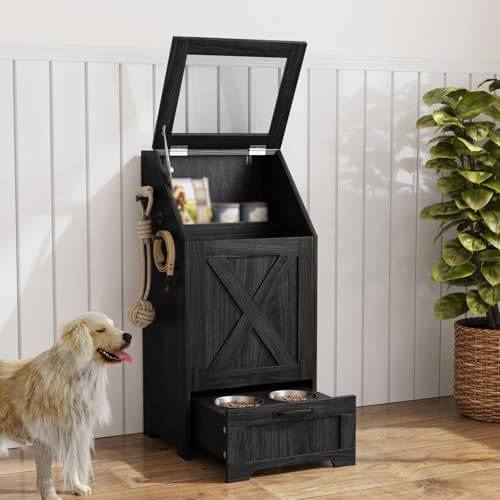Dog Feeding Station with 2 Elevated Bowls, Dog Food Storage Cabinet with Pet Toy Organizer and Flip Top Pet Feeding Station,Hidden Pet Feeder Station for Cats and Dogs - color: Dog Feeding Station-Black