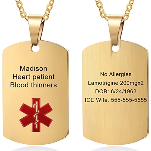Wendy Made Medical Alert Necklace for Men & Women - Custom Engraved Stainless Steel Medical ID Pendant, Free Personalized Engraving, Emergency Life Alert Tag for Allergies & Conditions - color: Gold