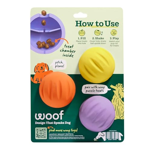 WOOF Flyball - 2-in-1 Fetch Ball and Dog Treat Dispenser Toy - Interactive Puzzle for Enrichment - Fits Standard Ball Launchers - Durable, Tooth-Friendly Rubber - The Perfect Dog Gift - 3 Pack