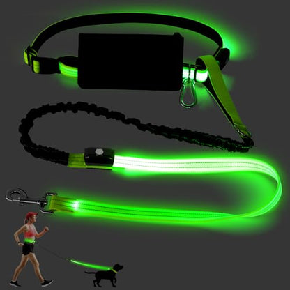 LED Hands Free Dog Leash, Waist Leash for Dog Walking, Retractable Bungee Light Up Dog Leash, LED Handless Dog Running Leash, Reflective Running Leash for Jogging Training Hiking (Green) - color: Green