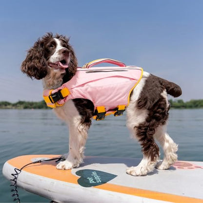 Kuoser Dog Life Jacket, High Flotation Pet Swim Vest with Rescue Handle | High Flotation, Rescue Handle, Adjustable, Reflective,2 Storage Pockets, Pool Lake Boat Beach, Small Medium Large, Easy Wear - color: Pink, size: XL (Chest Girth:25.9-33.4'')