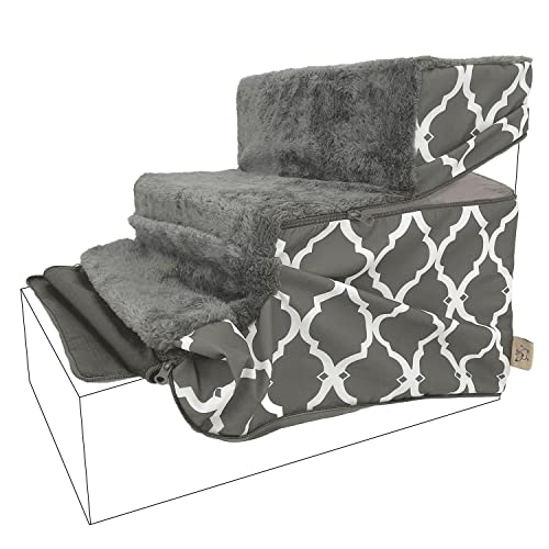 Best Pet Supplies Non-Slip Foam Dog Stair & Pet Ramp, Balanced Indoor Step Support - Foldable Stair Cover, Gray Lattice, 3-Step - color: Gray Lattice Print, size: 3-Step (H: 16.5"), style: Replacement Cover