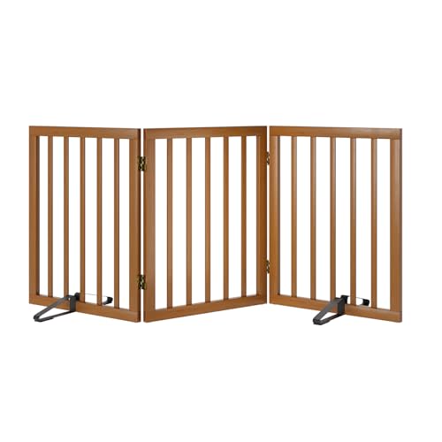 Freestanding Pet Gate Foldable Dog Gate (55 inches Wide) Walnut Bamboo Dog Gates for Stairs Doorways House (2 Support Feet Included) - color: Walnut, size: 3 Panel - 55 inches Wide