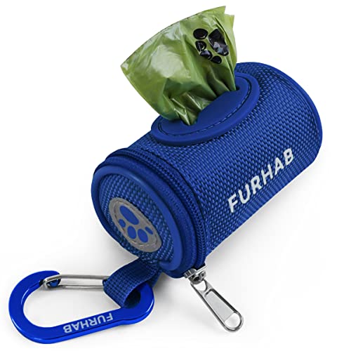 FURHAB Dog Poop Bag Holder for Leash Doggie Waste Bag Dispenser Soft Fabric Puppy Potty Carrier Small Doggy Zipper Pouch with Carabiner Clip 1680D Nylon Oxford with 1 Roll of Pet Trash Bag, Royal Blue - color: Royal Blue
