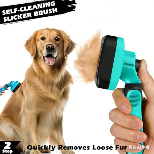 Professional 3PCS Self Cleaning Slicker Brush & Pet Grooming Rake & Flea Comb for Dogs,Cats and Horses | Double-Sided Dematting Comb & Skin Friendly Deshedding Grooming Tool (Cyan) - color: Cyan