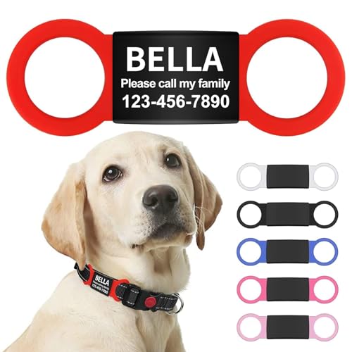 LaReine Silent Slide On Pet ID Tags, Personalized Laser Engraved on Collar, Colored Elastic Silicone Band and S/M/L/XL Black Stainless Steel Cat Dog Name Plate (Red, Large) - color: Red, size: Large