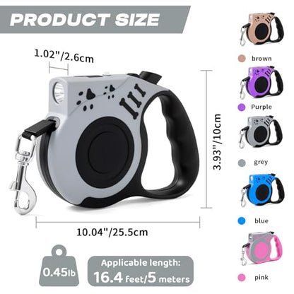 Retractable Dog Leash with USB Rechargeable Flashlight for Night Walks, 16FT Automatic Telescopic Tractor Dog Leash for Small and Medium Dogs, Grey - color: Grey