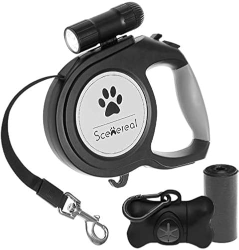SCENEREAL Heavy Duty Retractable Dog Leash 26 FT with LED Flash Light & Poop Bag Dispenser for up to 110 LB Small Medium Large Dogs Outdoor Walking & Training - color: With Light (Black /26ft)