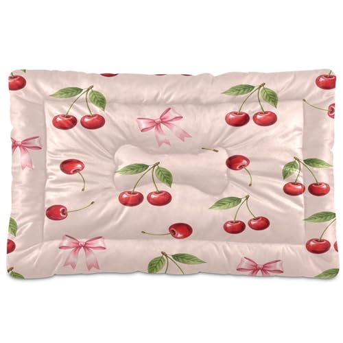 Cherry Bow Pattern Pet Bed Mat for Dogs and Cats, Soft Washable Crate Pad with Non-Slip Bottom, Cozy Bed Cushion for Small Medium Large Pets, 24x36 Inch - size: Medium