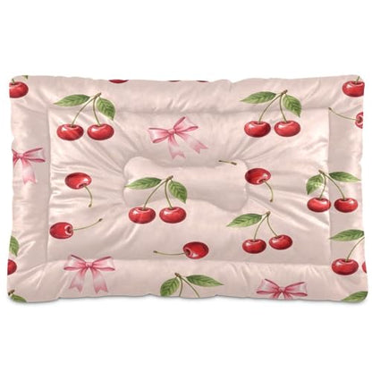 Cherry Bow Pattern Pet Bed Mat for Dogs and Cats, Soft Washable Crate Pad with Non-Slip Bottom, Cozy Bed Cushion for Small Medium Large Pets, 18x24 Inch - size: Small