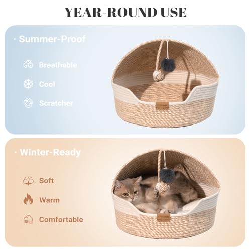 CHEERPALS Cat Basket Bed with Washable Cushion and Ball Rope Cotton, Covered Pet Bed for Indoor Cats Cave Bed Hooded, Stimulicat Cat Bed Handwoven Breathable, All Season Universal(White) - color: White